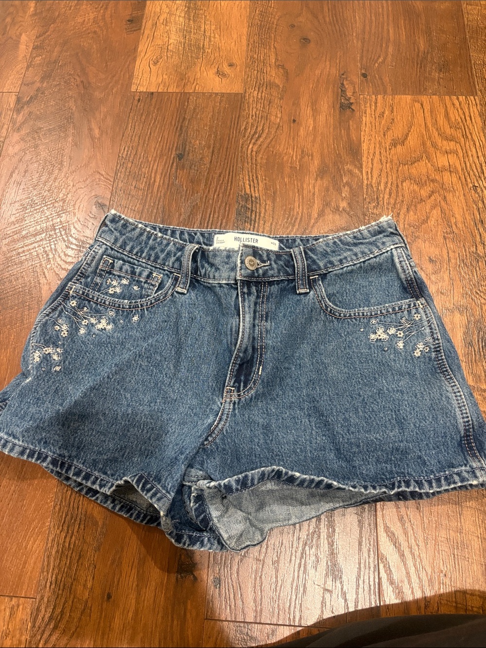 Hollister Blue Denim Shorts with White Floral Embroidery